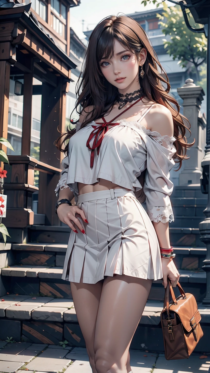 ( (8k:1.27), Highest quality, masterpiece, Ultra-high resolution:1.2) Cute Japanese Women Photos (beautiful:1.1)、Brown Hair、long hair、hair band、blouse with lace embellishments（Sheer)、No sleeve、Bracelet、Navel visible、Low-rise mini pleated skirt、Lace-up sandals、Red nail polish、Red peticure、handbag slung over shoulder、Rome、Spanish Steps
