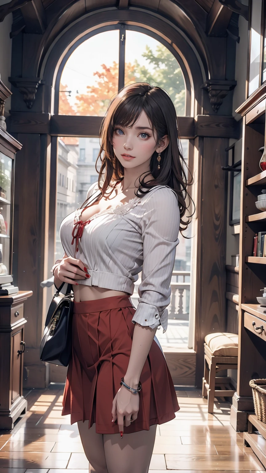 ( (8k:1.27), Highest quality, masterpiece, Ultra-high resolution:1.2) Cute Japanese Women Photos (beautiful:1.1)、Brown Hair、long hair、hair band、blouse with lace embellishments(Sheer)、No sleeve、Bracelet、Navel visible、Low-rise mini pleated skirt、Lace-up sandals、Red nail polish、Red peticure、handbag slung over shoulder、Rome、Spanish Steps