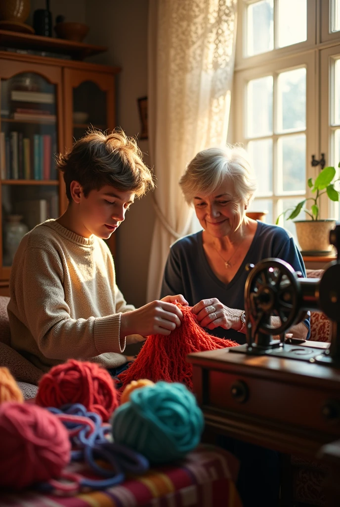 Young cute beautiful face skinny white man without shirt knitting clothes with a beautiful man grandmother on an old knitting machine