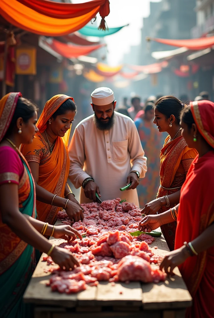 5 hindu women cutting meat with a Muslim man