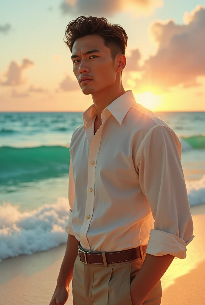 book character: tanned male with short hair measuring 4 fingers, red brown eyes, stark, Cao Cao, at beach, with elegant clothes you marry . realisitic
