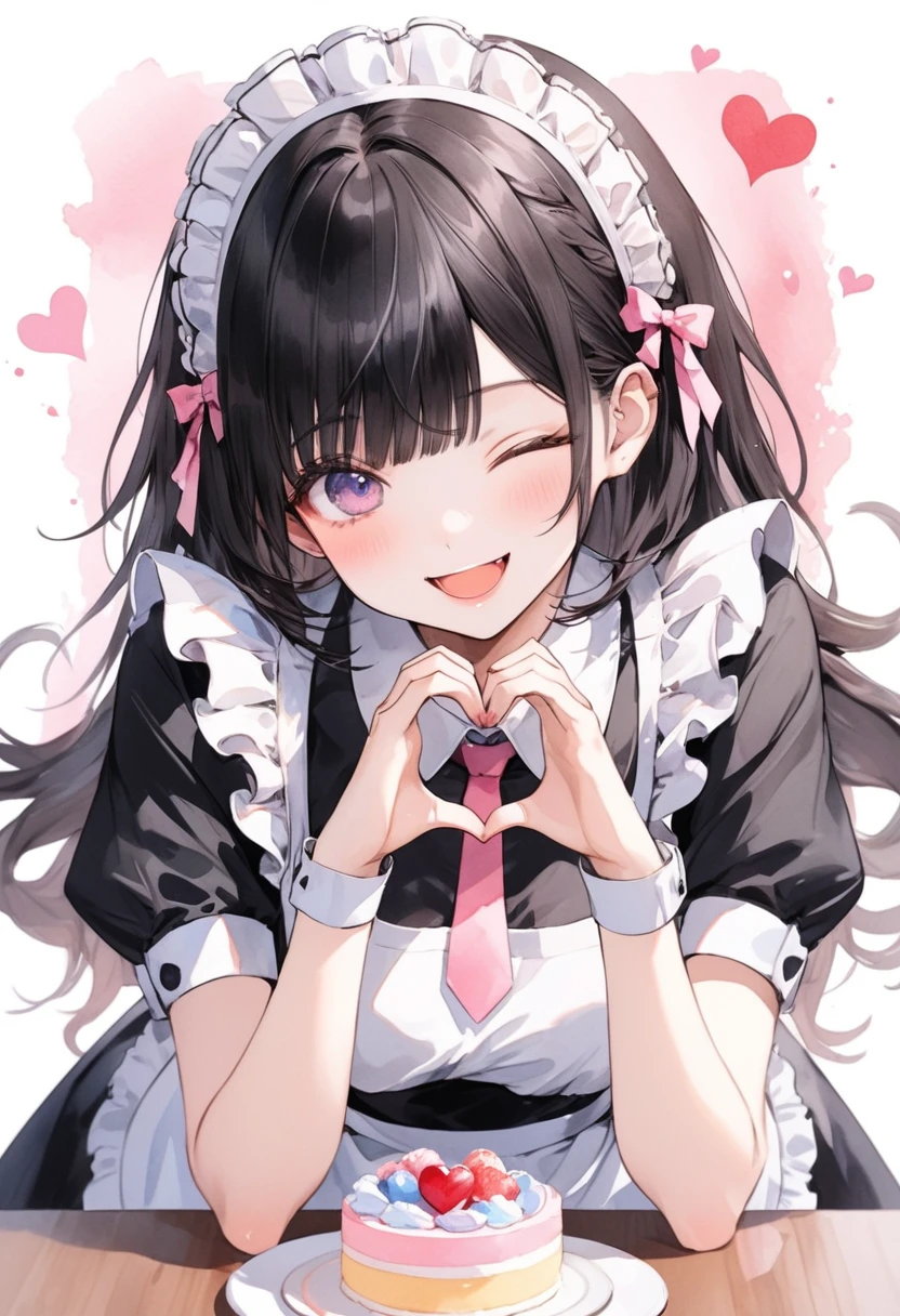 (masterpiece, best quality:1.2), kawaii, (1 girl:1.2), cute, (watercolor style:1.2)
BREAK
ramdom hairstyle, half eye closed, raising one leg, (A miniskirt maid:1.2), (a cake on the table:1.1), heart effects, (maid headdress), (at a maid cafe:1.2), cheerful smile, (spoken hearts:1.2), bangs, open mouth, A name tag on the chest, heart hands, own hands together