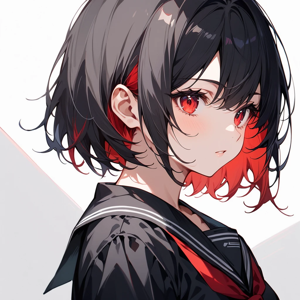 score_9, score_8_up, score_7_up, masterpiece, ultra-detailed, pretty eyes,1Girl, solo, teenager, short, small chest, big hips, red eyes, thick thighs, short hair, black hair, red Inner Hair, teenager, wearing (BLACK clothing). BLACK short-sleeve serafuku, red neckerchief, pleated skirt, zettai ryouiki thighhighs, black and red striped thigh-high socks, ankle-length platform boots, no items, no effects. Simple background, White background, full body, Simple background, White background, portrait, faceUp, from behind