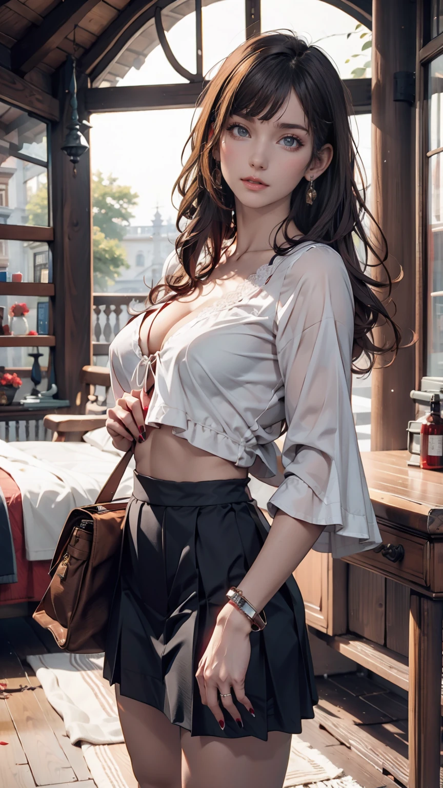 ( (8k:1.27), Highest quality, masterpiece, Ultra-high resolution:1.2) Cute Japanese Women Photos (beautiful:1.1)、Brown Hair、long hair、hair band、blouse with lace embellishments(Sheer)、No sleeve、Bracelet、Navel visible、Low-rise mini pleated skirt、Lace-up sandals、Red nail polish、Red peticure、handbag slung over shoulder、Rome、Spanish Steps