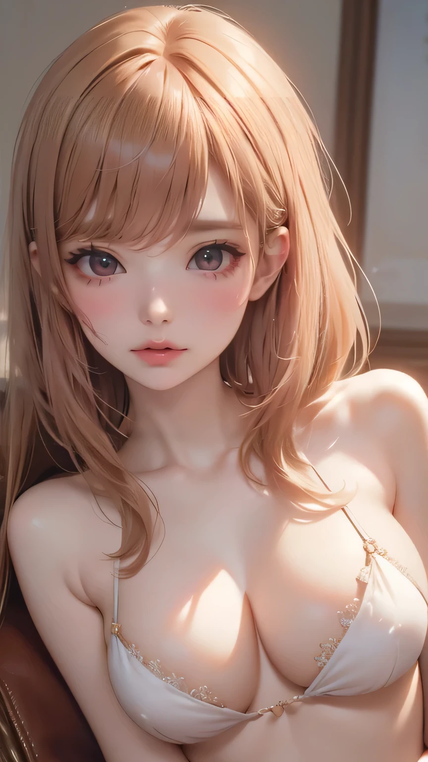 Random sexy poses,,One person,(Highly detailed skin),Curvy,,Beautiful breasts,Large Breasts,Pale skin,Pointed Chest,(Fantasy art,Best image quality,Surreal portrait,(8k),Ultra-realistic,最high quality, high quality, High resolution, high quality texture,Attention to detail,Beautiful details,Fine details,Highly detailed CG,Detailed Texture,Realistic facial expression,masterpiece,Presence,dynamic,bold),Bob Hair,(Thin Hair),(Soft Hair),(Straight hair:1.5),Long, slicked bangs,Very light coppery amber hair,Hair on one eye
