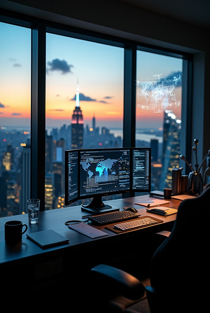 Imagine a cozy modern computer room for a secret agentn, files scattered on the computer desk, a coffee mug on the computer desk, no people, panoramic window view of new york city, sunrise, dark lighting, futuristic, holograms