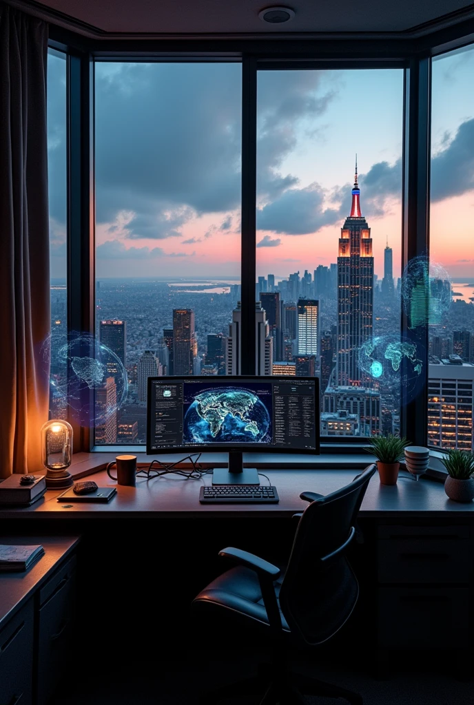 Imagine a cozy modern computer room for a secret agentn, files scattered on the computer desk, a coffee mug on the computer desk, no people, panoramic window view of new york city, sunrise, dark lighting, futuristic, holograms