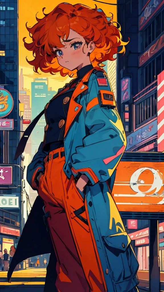 Better Quality, 4K Wallpaper, first work, Highly detailed CG uniform wallpaper 8k, Highly detailed eyes, Ultra-detailed, Intricate details, One person, Retro art style, Neon Art Style_pop, singing,public, Outdoor, road signs, city,Biopunk,Put your hands in your pockets,Curly Hair,Orange Hair,Dark Blue Iris,Mid-breasted,