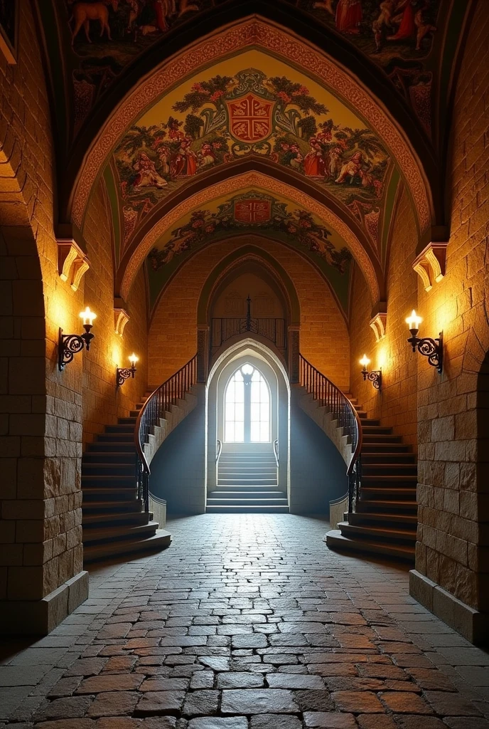 Entrance hall of a 13th-century castle with a large corridor and a staircase on the sides 
