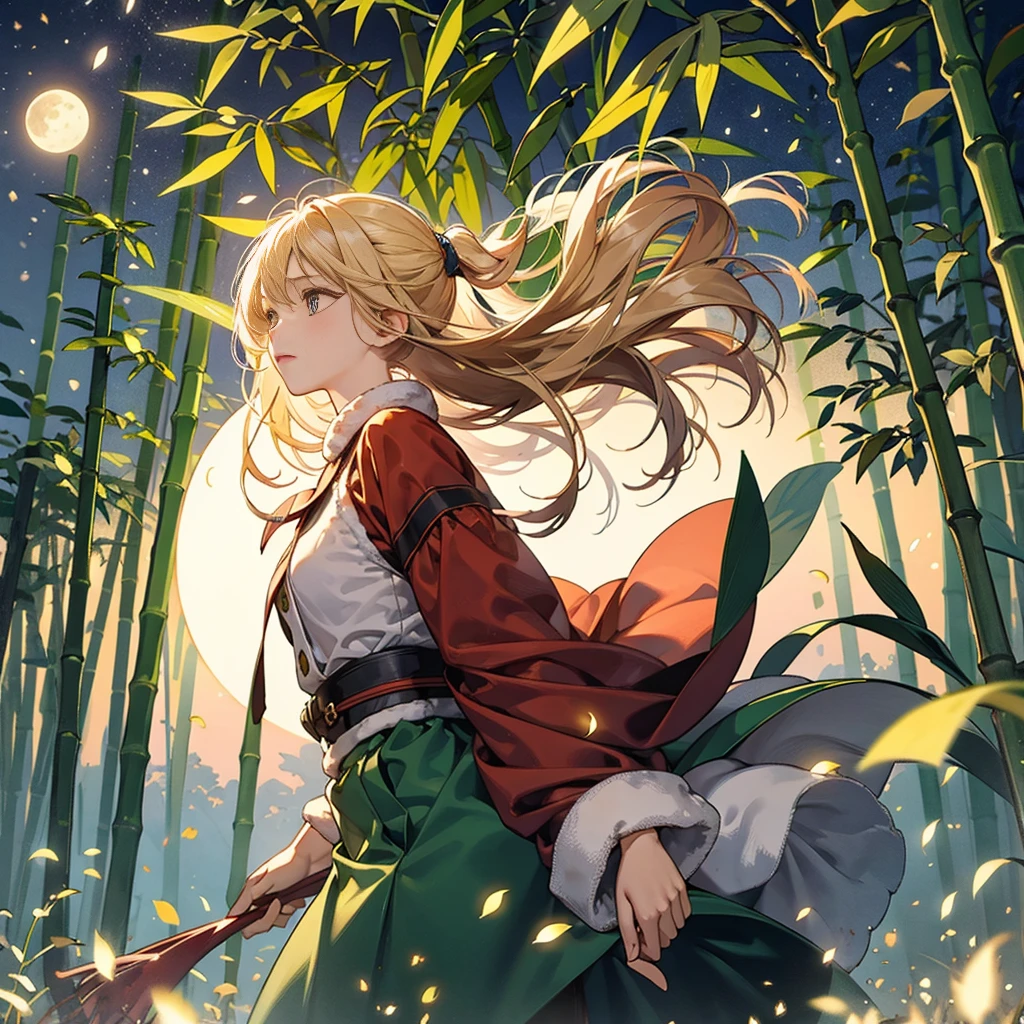 Christmas Eve, Quiet bamboo forest, Bamboo leaves falling in the wind, a full moon in the sky, Fireflies flying