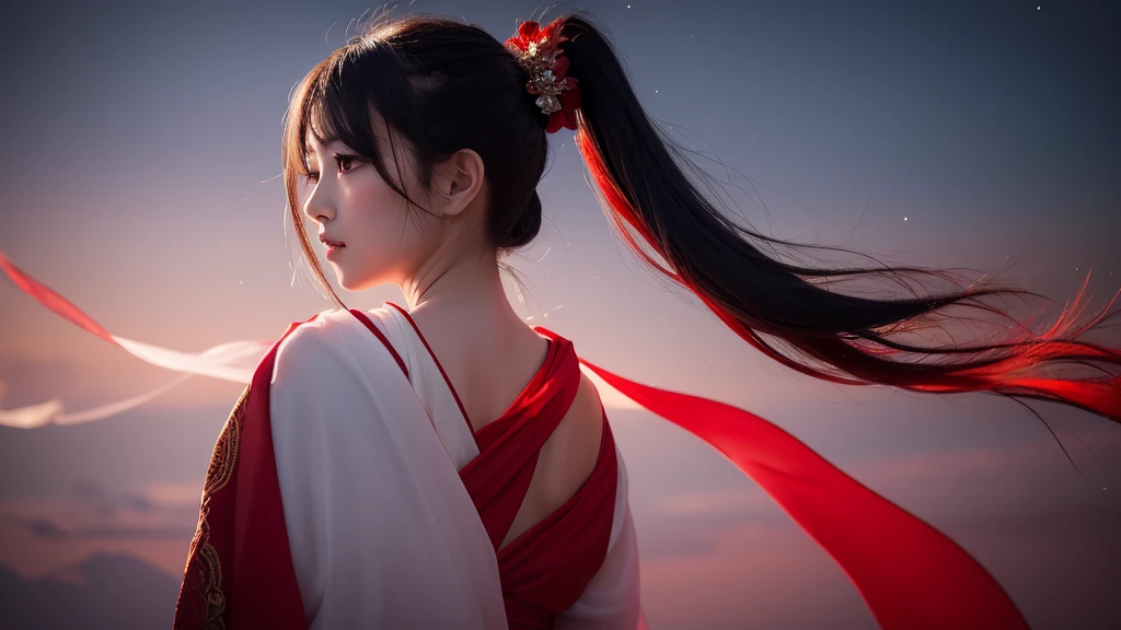 A delicate and lovely ancient goddess with lustrous black ponytail hair. She wears a white and red miko wear. The background is a fantastic and ethereal night sky, as if possessed by a specter. Her expression is stern and atmospheric.