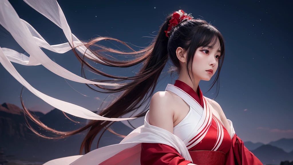 A delicate and lovely ancient goddess with lustrous black ponytail hair. She wears a white and red miko wear. The background is a fantastic and ethereal night sky, as if possessed by a specter. Her expression is stern and atmospheric.