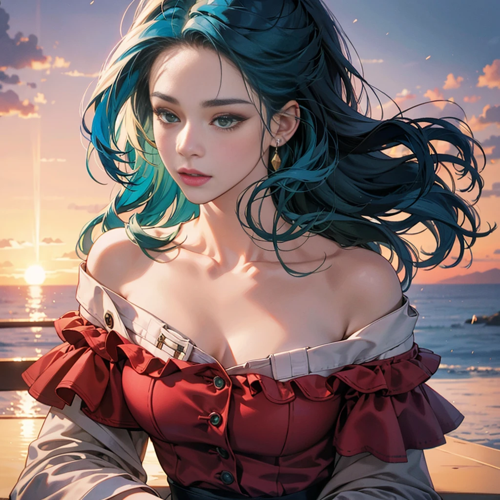 best quality, masterpiece, Ultra-high resolution, (realism: 1.4), original photo, 1 Girl, Green Eyes, Off-shoulder, Movie Lighting, Blue Hair, Sunset