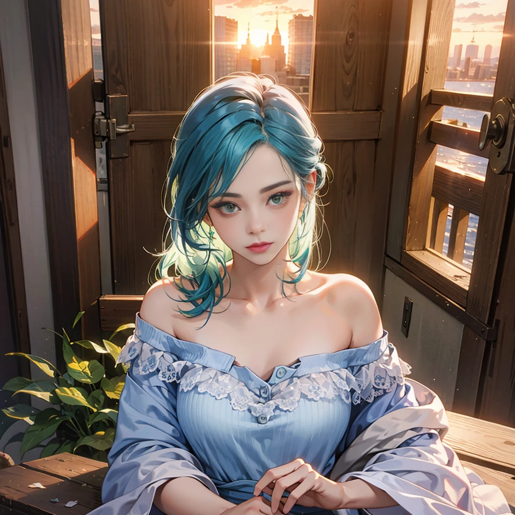 best quality, masterpiece, Ultra-high resolution, (realism: 1.4), original photo, 1 Girl, Green Eyes, Off-shoulder, Movie Lighting, Blue Hair, Sunset