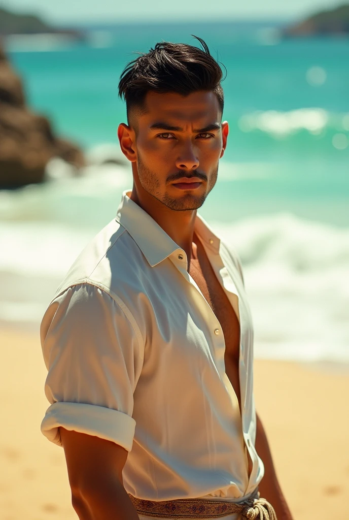 book character: tanned male with short hair measuring 4 fingers, red brown eyes, stark, Cao Cao, at beach, with elegant clothes Brazilian brides. realisitic