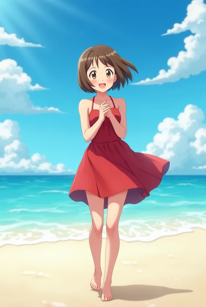 playa, Best Quality, High resolution, 1 girl,  (character May Haruka pokemon), (((short brown hair))), (((hair machine on the sides))), bare shoulders, bare arms, with a side part, (((red mini dress))), young girl, barefoot 