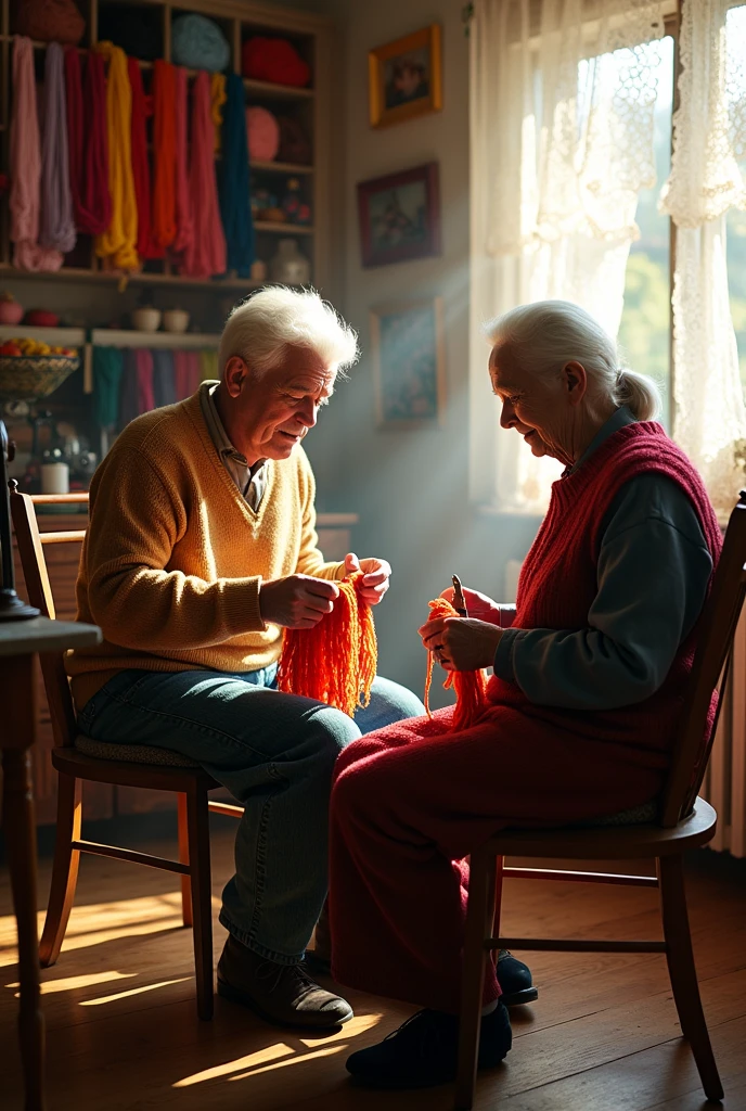 Handsome young man with a beautiful, thin, white face, 27 years old, knitting clothes with an old woman, beautiful man on an antique knitting machine.