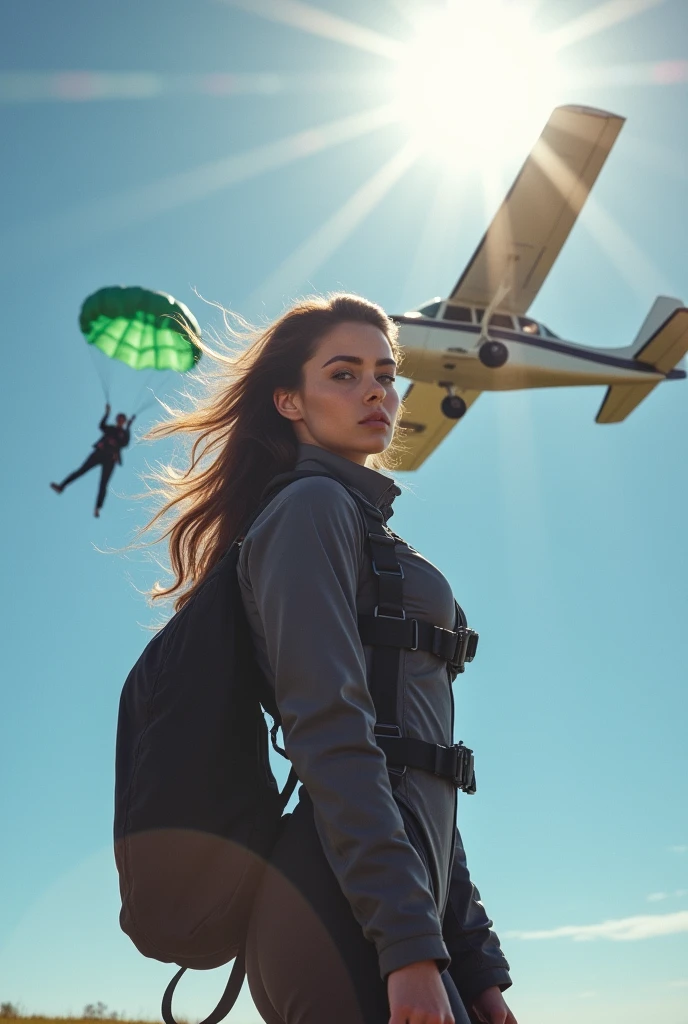 (photorealism:1.2), beautiful woman, long brown hair, medium breasts, medium hips, nice butt, who is about 1 meter tall.70 meters, that she is dressed in a skydiving jumpsuit and wearing a parachute harness, behind her a Cessna 172 airplane and in the background in the sky a person falling with a light green parachute.