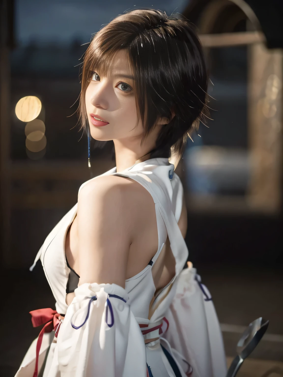 20 year old Japanese beauty,One person、Muscular body like a bodybuilder、Emphasize the breasts、Slit eyes、A head-to-toe view,Bust is very very large、The background is a medieval European kitchen、High quality photos、Clear, crisp images of the lower body、Masterpiece 8k、Ecstatic face、Eating a hot dog over a kamado grill.、From the front, from the side, from the back, etc.々from what camera angle to shoot、FF10 Yuna's outfit