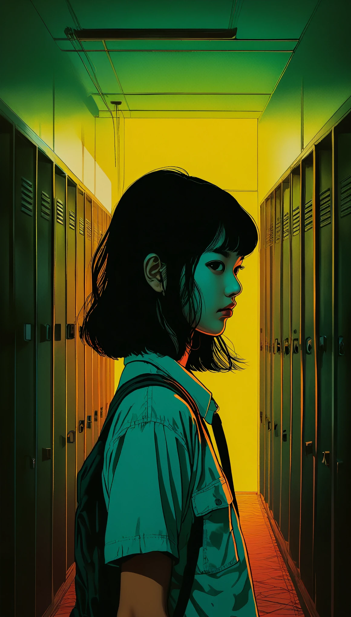 An illustration、art、80s Thai horror movie poster, Supervised by Junji Ito、(high :1.0)、room、Attention to detail, Realistic Shadows、Analog Style, chromatic aberration, Surrealism、Complementary Gradient