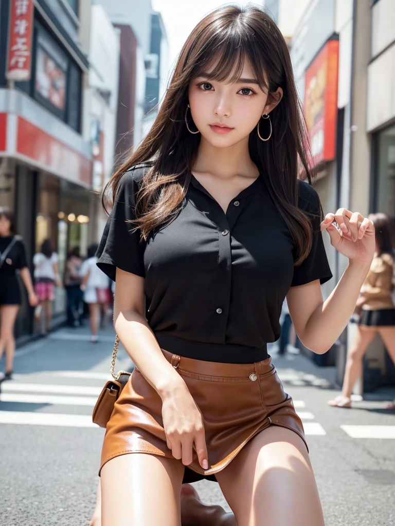 Product quality,1 girl,Cowboy Shot,Front view,(Thigh Emphasis:1.6),(Angle up to the knee:1.5)Young and cute Japanese,20-year-old,笑face,Harajuku,(Crowded street:1.4),Snazzy,((blouse:1.5)),wear,(Snazzyバッグ:1.5),Fashionable necklaces,Stylish earrings,((Black ultra-short micro mini skirt:1.5)),wear,((Small Head,face:0.5))とてもかわいいface,赤ちゃんのface,Glossy Lips,Double eyelids on both eyes,(Natural Makeup),Small and cute nose,shiny smooth light brown long hair,,,,,Asymmetrical bangs,Center image,8k resolution,Attention to detail,Detailed hairstyle,詳細なface,Cinema Lighting,Octane Rendering,Ultra-realistic,Perfect limbs,(Detailed fingers:1.5),Beautiful legs,Voluptuous thighs,Huge breasts,Perfect Anatomy,(Natural relaxed pose:1.5)