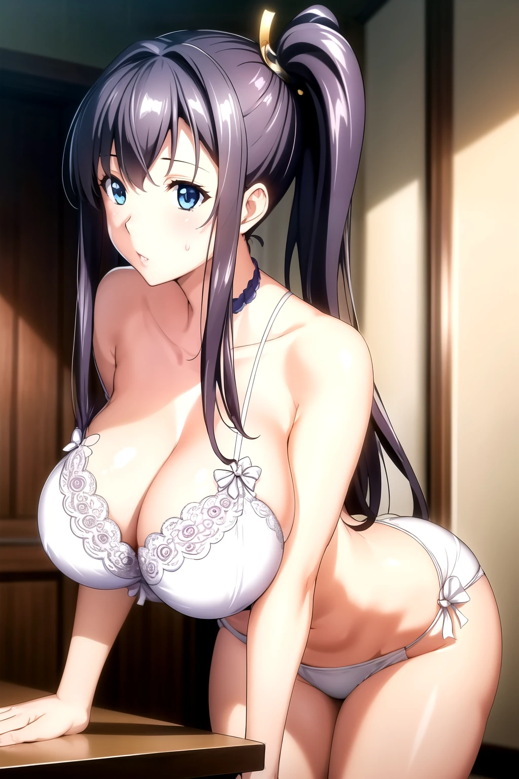 veil, bride, white bra, white lace, white panty,clavicle, cleveage, Bare shoulders,
Blue Eye, Purple Hair, bangs,Side Ponytail, Hair accessories,
1 girl, 20 years old,Young women,beautiful Finger,beautiful long legs,beautiful body,
beautiful Nose,beautiful character design, perfect Eye, perfect Face,expressive Eye,Perfect balance,
Looking at the audience,(Focus on her Face),Shut up, (Innocent_Large target_Eye:1.0),(Light_Smile:0.3),
Official Art,Extremely detailed CG unity 8k wallpaper, Perfect lighting,rich and Farbeful, bright_front_Face_Lighting,White skin,
(masterpiece:1.0),(the best_quality:1.0), 超high resolution,4K,Extremely detailed,
photography, 8k, HDR, high resolution, absurdes:1.2, Kodak portra 400, Film Grain, Blurred background, bokeh:1.2, Lens Light Halo, (Energetic_Farbe:1.2),Professional photographer,
(beautiful,Large target_breast:1.4), (beautiful_Face:1.5),(narrow_waist),