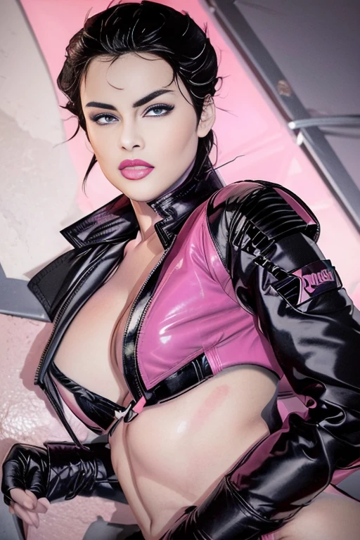 (Female model),looking into camera, short black hair, gorgeous eyes, high arched eyebrows,big full breasts, seductive look, (hot pink leather jacket exposed cleavage:1.3), black leather pants, stilettos, midnight modern metropolis, spot lighting, backlight on hair,Patrick Nagel artstyle