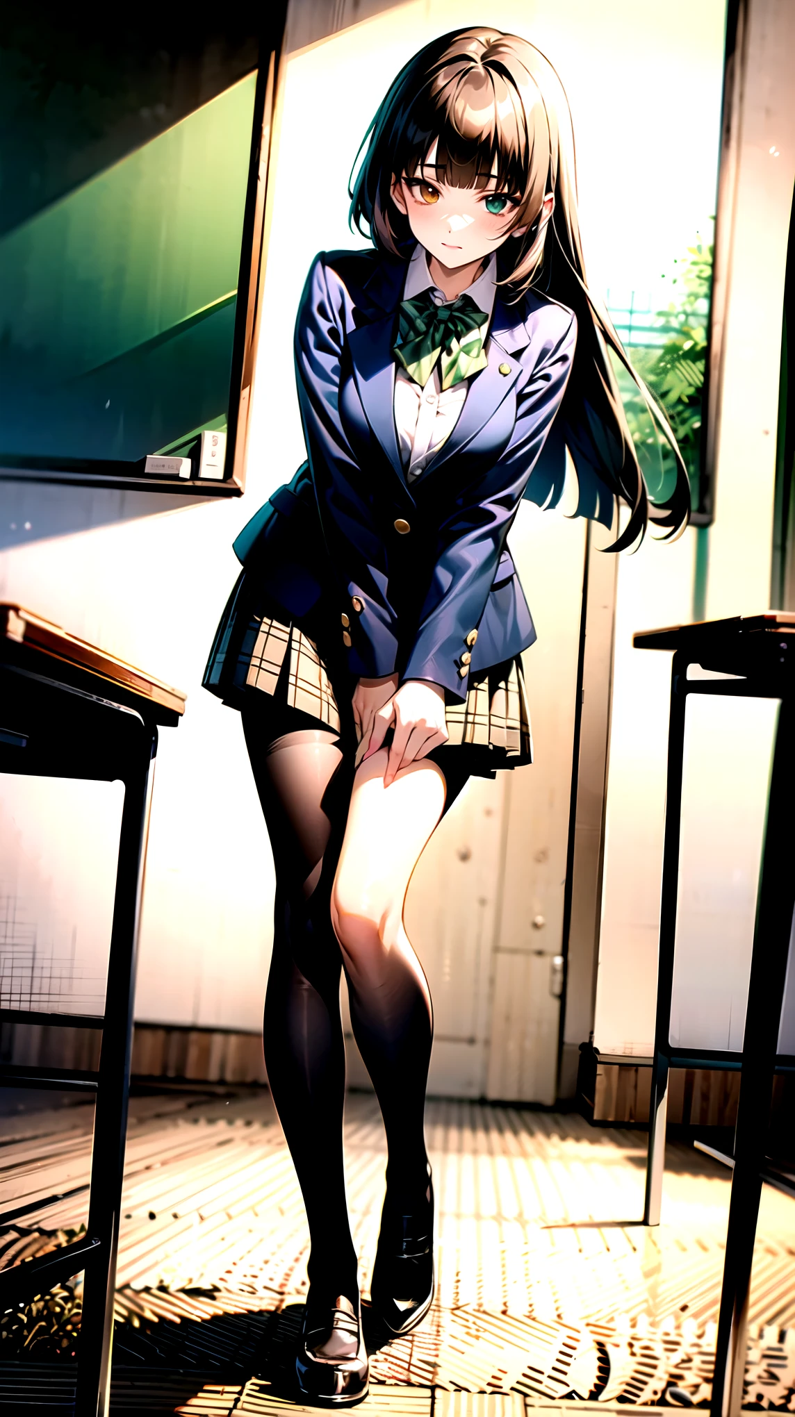 ((super high quality,Ultra-high resolution,4K,8k,super masterpiece,Ultra HD ,Detailed shading)),Full body photo,Morning Classroom,One high school girl,Blue-green blazer,White dress shirt unbuttoned to the second button,A bright yellow striped bow tie,Brown plaid mini skirt,Black tights,Long black straight hair,Side-swept bangs,Orange and green heterochromia,Sharp eyes with raised,Laughter,Lean forward with your body tilted diagonally to the side,