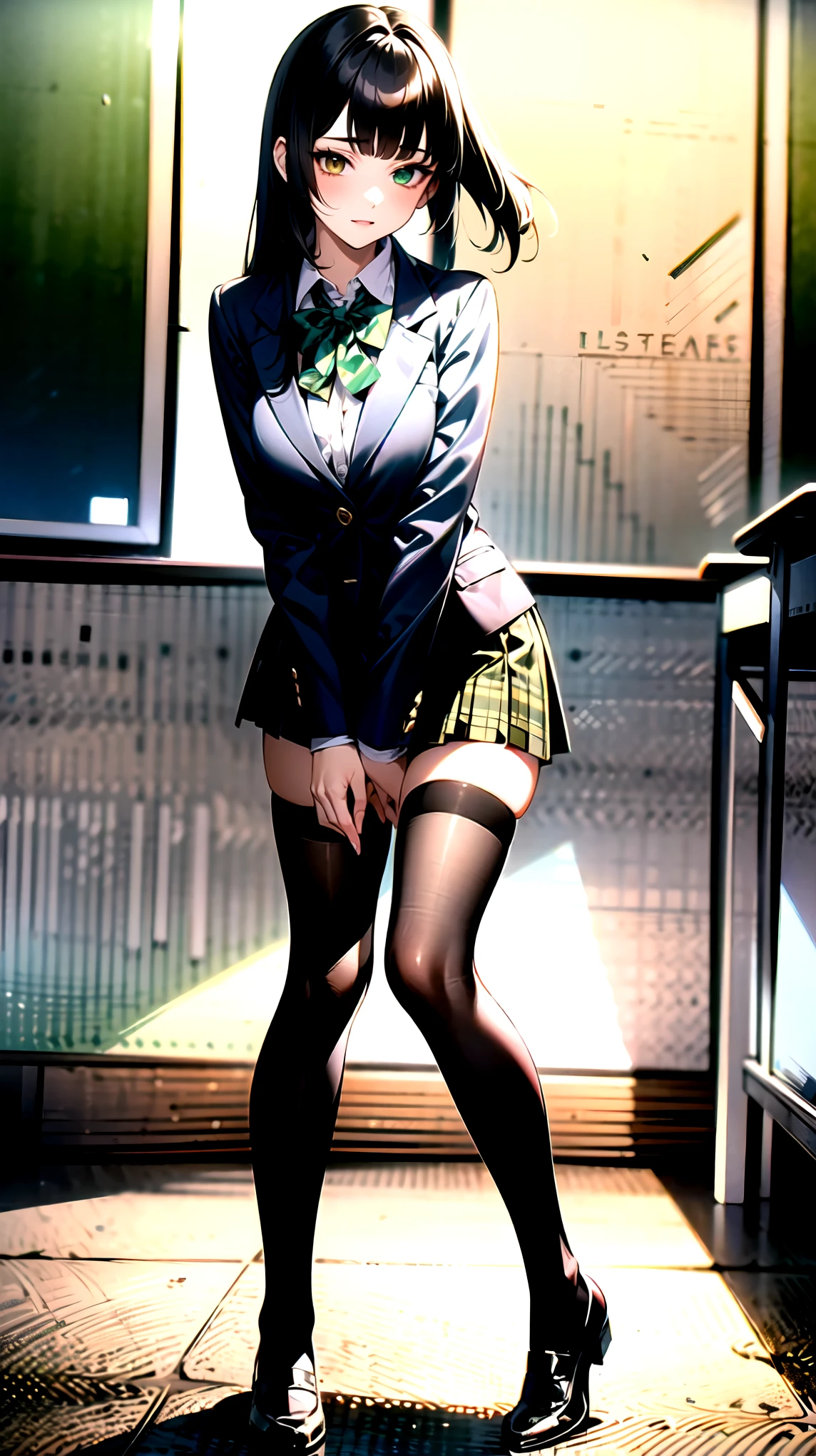 （（super high quality,Ultra-high resolution,4K,8k,super masterpiece,Ultra HD ,Detailed shading））,Full body photo,Morning Classroom,One high school girl,Blue-green blazer,White dress shirt unbuttoned to the second button,A bright yellow striped bow tie,Brown plaid mini skirt,Black tights,Long black straight hair,Side-swept bangs,Orange and green heterochromia,Sharp eyes with raised,Laughter,Lean forward with your body tilted diagonally to the side,