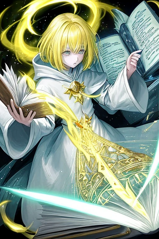 Yellow hair Wizard White clothes Spellbook Study Staff Woman Lots of exposure