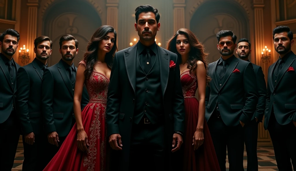 
Here's a prompt for creating the story poster:

Poster Prompt:

Design a dramatic poster with a dark, luxurious background.

Center: A powerful Mafia Boss, Abhay Raizada, sits confidently in the center, exuding an air of authority and mystery.
Behind him: Two romantic couples stand together, subtly hinting at a deeper, intertwined story. Their expressions should reflect love and connection.
Around them: Several loyal men, dressed in dark suits, stand vigilantly, forming a protective circle. They are discrete and subtle, showing their role as Abhay's unseen guardians.
Background: A grand, luxurious bungalow with opulent decor and high-end cars parked around it, emphasizing wealth and grandeur.
Ensure the overall mood is dark and intense, highlighting both the romance and the suspense in the storyline.

