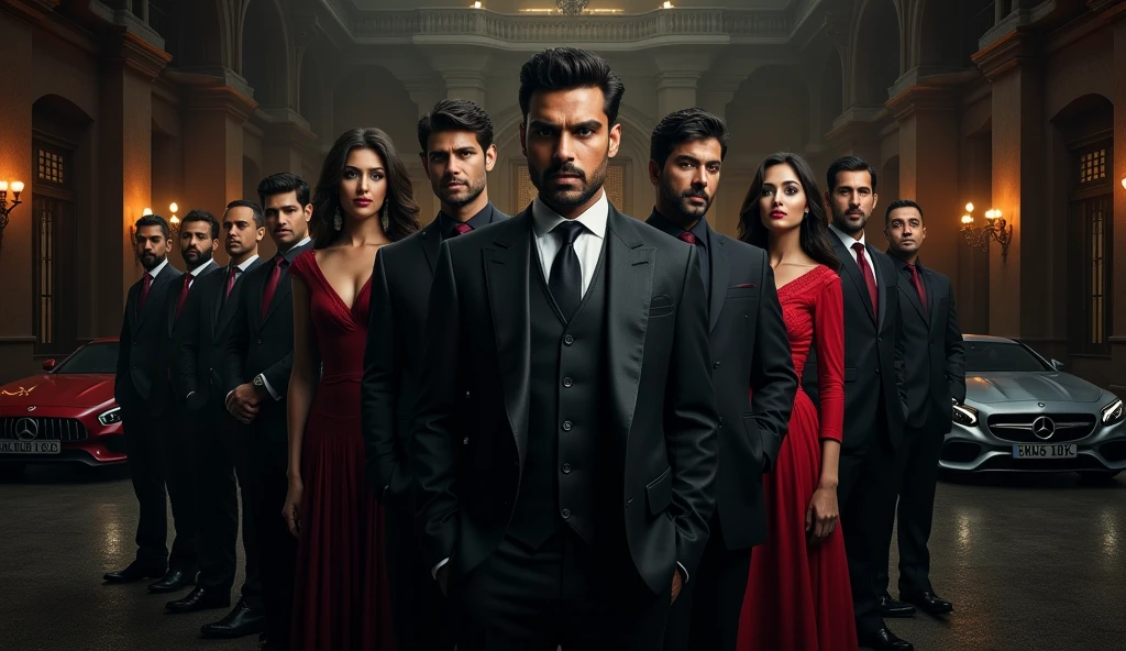 Here's a prompt for creating the story poster:
Poster Prompt:
Design a dramatic poster with a dark, luxurious background.
Center: A powerful Mafia Boss, Abhay Raizada, sits confidently in the center, exuding an air of authority and mystery.
Behind him: Two romantic couples stand together, subtly hinting at a deeper, intertwined story. Their expressions should reflect love and connection.
Around them: Several loyal men, dressed in dark suits, stand vigilantly, forming a protective circle. They are discrete and subtle, showing their role as Abhay's unseen guardians.
Background: A grand, luxurious bungalow with opulent decor and high-end cars parked around it, emphasizing wealth and grandeur.
Ensure the overall mood is dark and intense, highlighting both the romance and the suspense in the storyline.