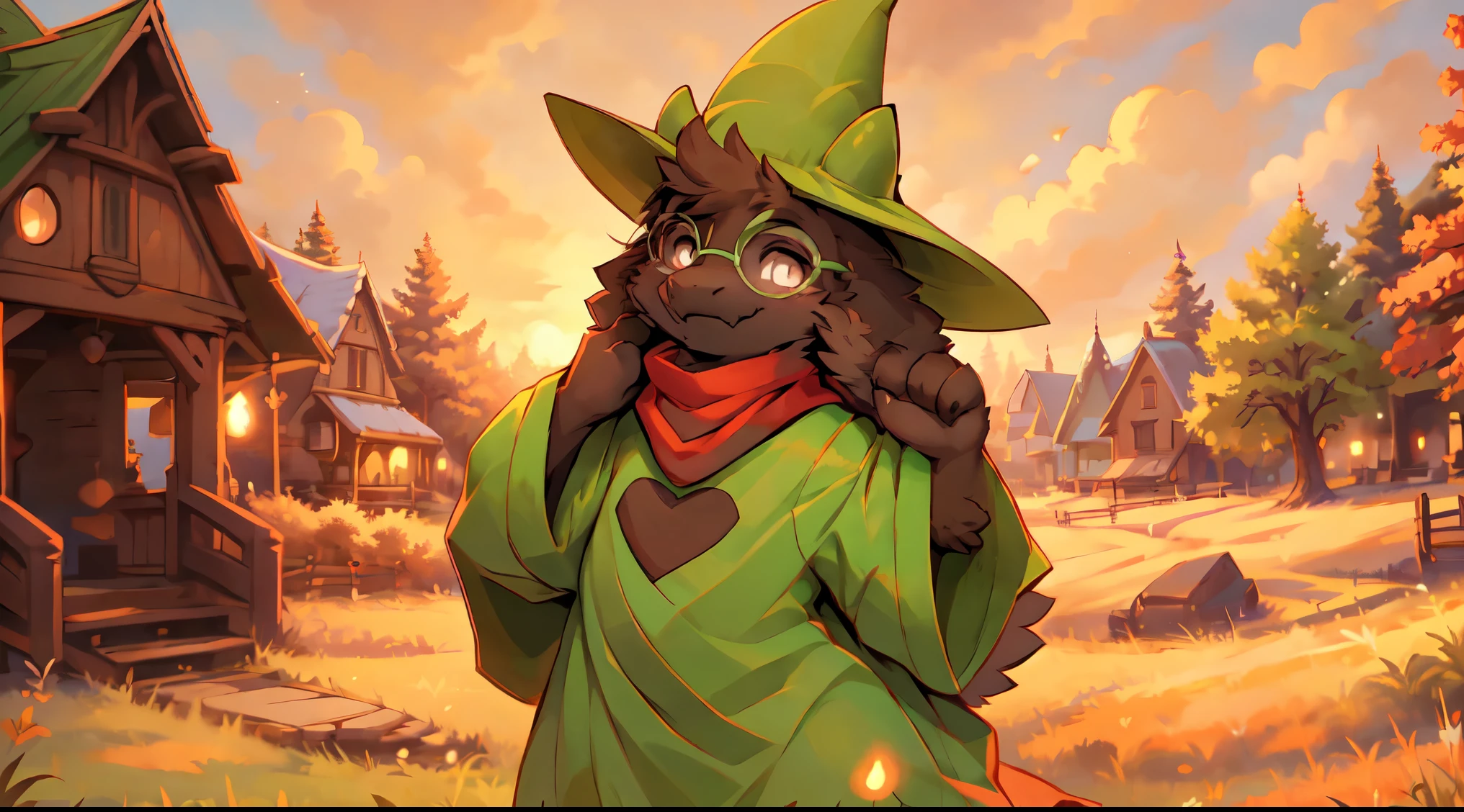 uploaded on e621, ((by Reysi)), (((Ralsey))), (goat), (Red scarf, green robe, green wizard hat, green glasses), smile, (pose:1.3), (Posing:1.3), (Soft shading), 4k, in an orange field with a town in the distance at sunset
