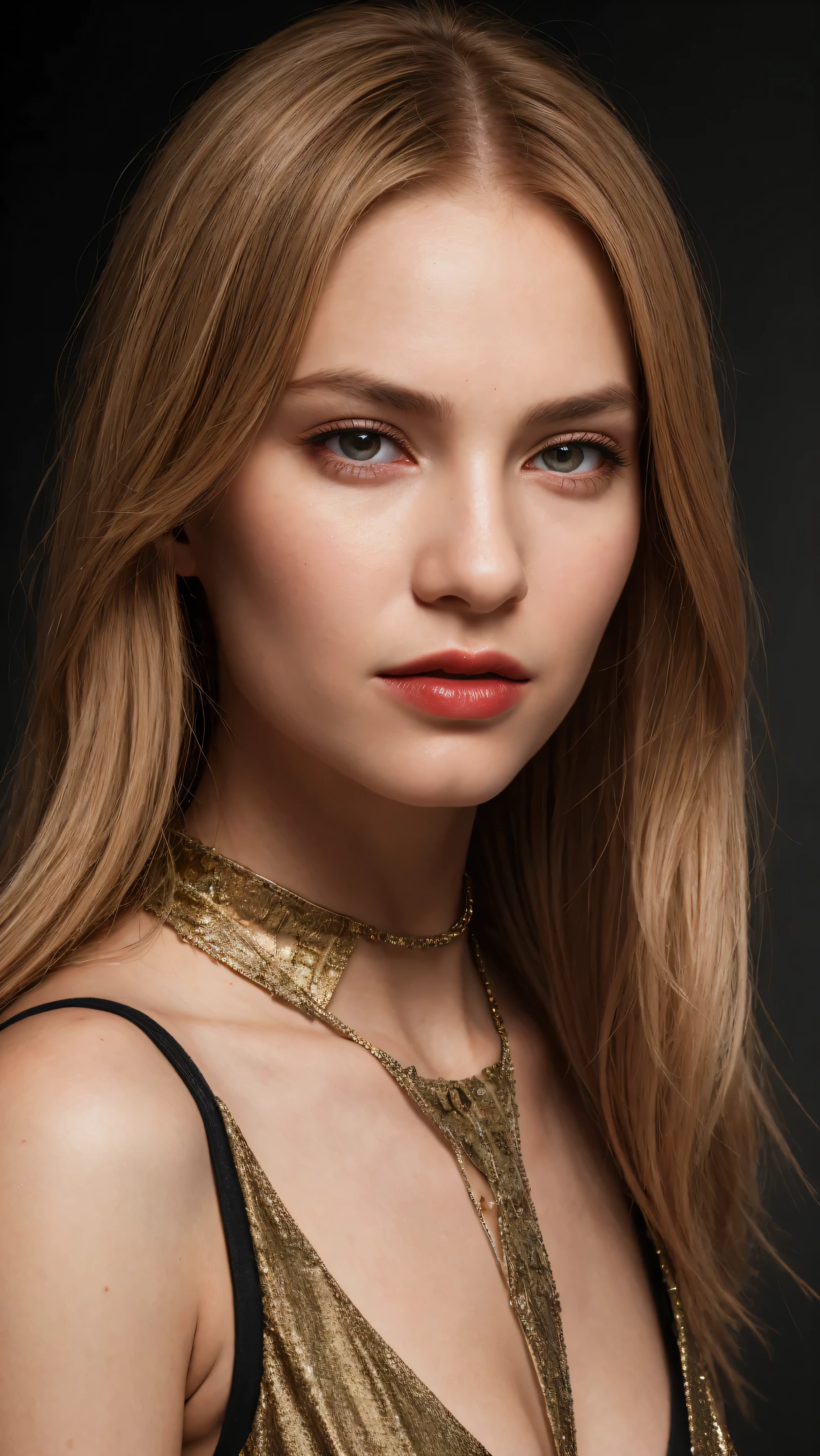 a woman with red hair, hyper-realistic skin, shiny/glossy, modern jewelry, gongbi, portraiture, dark teal and light gold, tropical landscapes, Face portrait photo oF a 21 Year-old German woman, .raw, beautiFul woman, half strawberry lips, strawberry lipstick, Fossettes, big breast, realistic legs, high heels, nostalgic look, detailed light brown eyes, great student, thin eyelashes, (Brown extra long blond hair), ((detailed Face)), ((detailed Facial Features and skin texture)), (Finely detailed skin), light brown skin, (Deep neckline detailing high-tech cyberpunk dress), Cyberpunk big city environment, (cold colors), moist, moist, reFlections, (masterpiece) (height ratio / perfect width) (photo realist) (best quality) (detailed) Shot with Canon EOS R5, ObjectiF 50mm, F/2.8, human development report, (8k) (wallpaper) (light) (Dramatic Light) (sharp focus) (complicated), sharp details, skin detail sharpness,