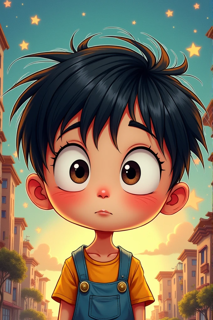 A caricature of a white boy with dark circles under his eyes, Asian-style eyes, and straight hair.