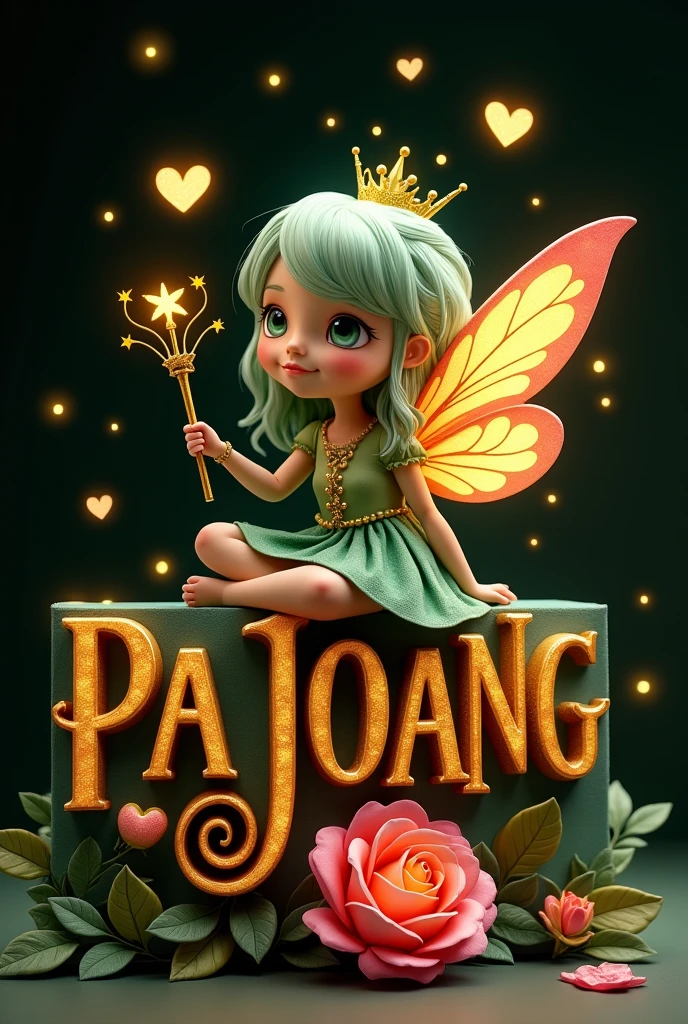 A peculiar fairy named Nora, who has light green hair and colorful wings. He sits gracefully on the intricately designed 3D letters &#39;PAJOJANG&#39; in gold and black . Surrounding her are floating hearts, and she holds a delicate golden wand. The background is a calm black color., and there's a beautiful rose at her feet. The entire scene is illuminated by tiny glowing orbs, adds a touch of magic.
