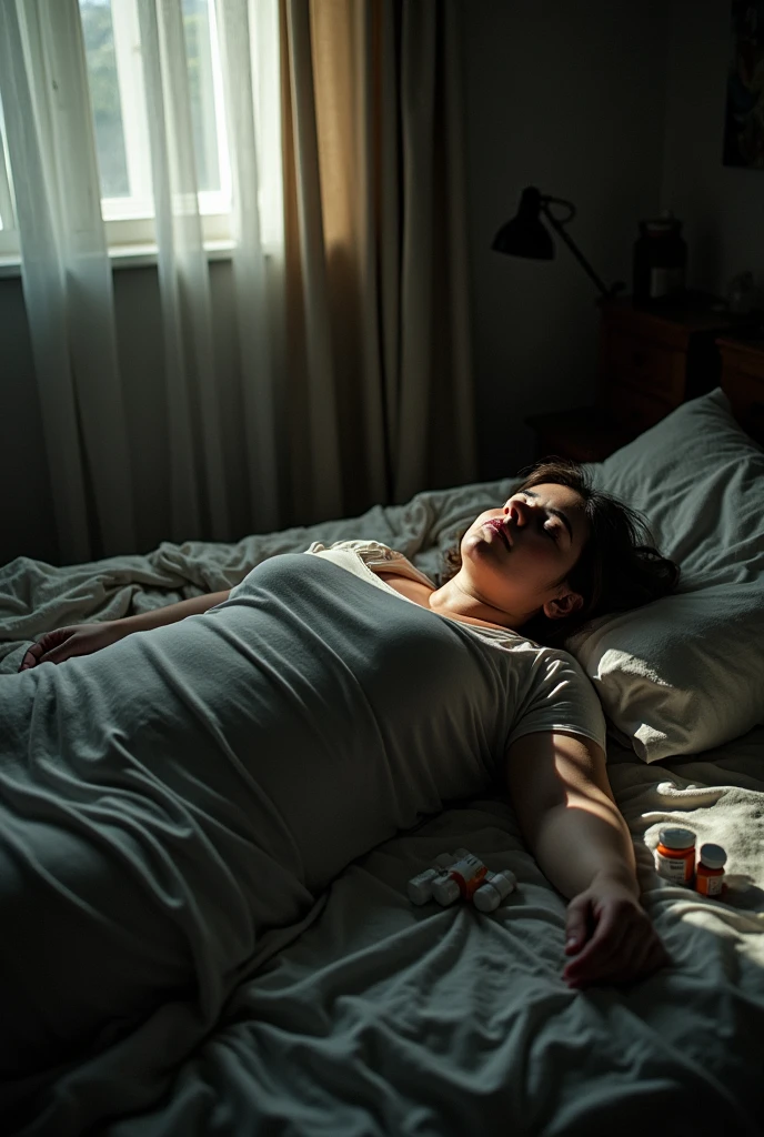 fat woman lying on bed in depression, gave up on life, messy room, medicines thrown on the floor