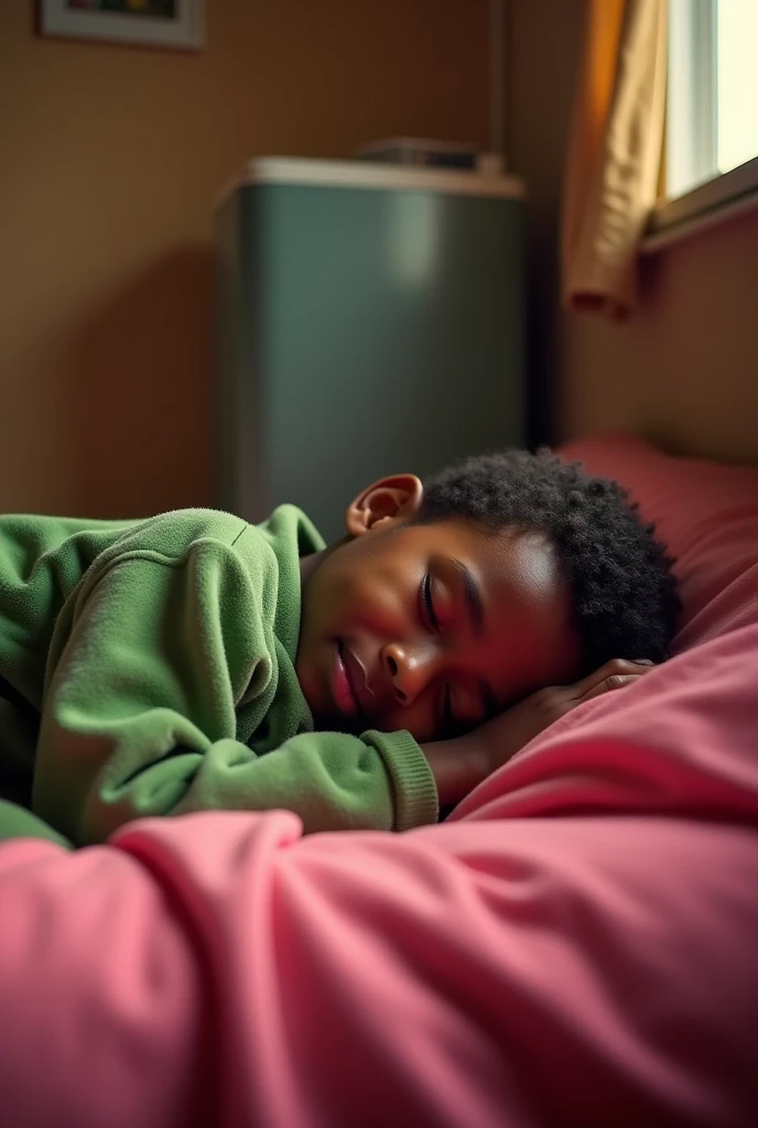 An 18 to 19 year old light dark boy teenager with a heart-shaped face is sleeping on surface in a small room on a green blanket over a pink sheet and in his background there is a cooler on with a ground level camera angel