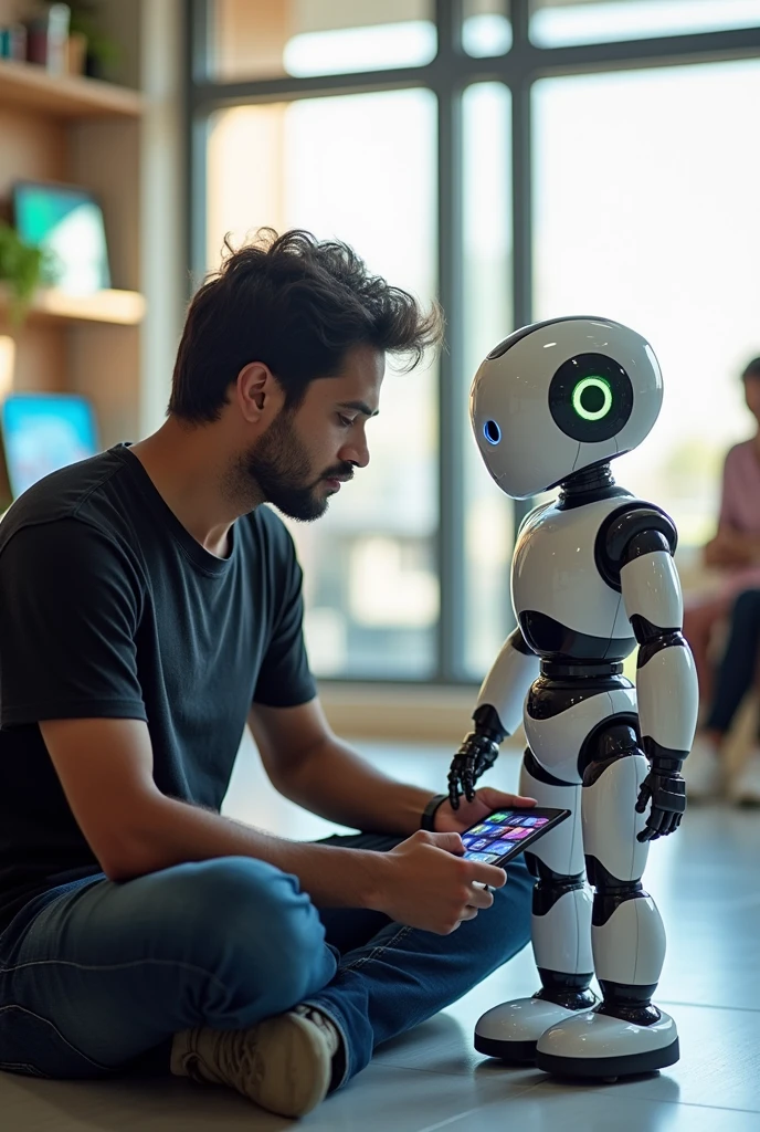 Robot’s Programming:
Prompt: “Ravi programs Robo using a tablet or computer. The robot is showing a friendly interface on its screen, and Ravi is actively engaged in setting up Robo’s features.”