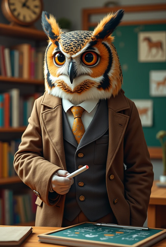 Realistic female owl wearing teacher costume
 