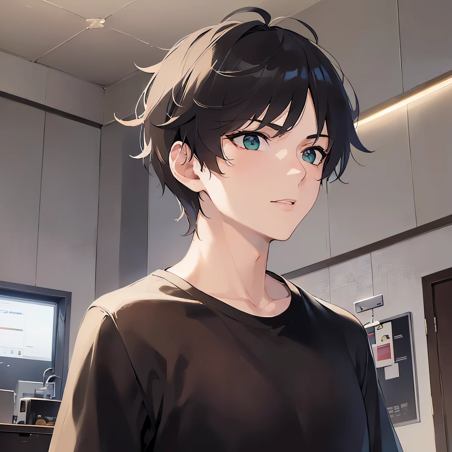 (25-year-old male:1.5) and (Brown short hair) and (Green Eyes), (looking away:1.5),upper body、 (talking on the smartphone:1.5),(handling_smart_phone, smart_phone:1.2)、
shiny skin, (looking away:1.5)、masterpiece、Highest quality、
（Black Shirt：1.5）、
angry,The background is the living room、(alone:1.5)