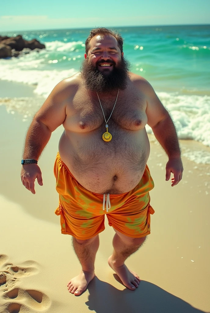 dad with a beard, wearing shorts, hypnotized, sleepwalking, lifeguard (dad), eyes open vacant, bowing, ((legs raised)) extended, ((arms raised)) ((extended forward)), hands pointed straight, ((feet up)), big smile, hairy chest, cubby, somnambulism, somnambulism walking, ((sleepwalking)), 1guy, solo, ((arms in front of chest)), wearing slave collar