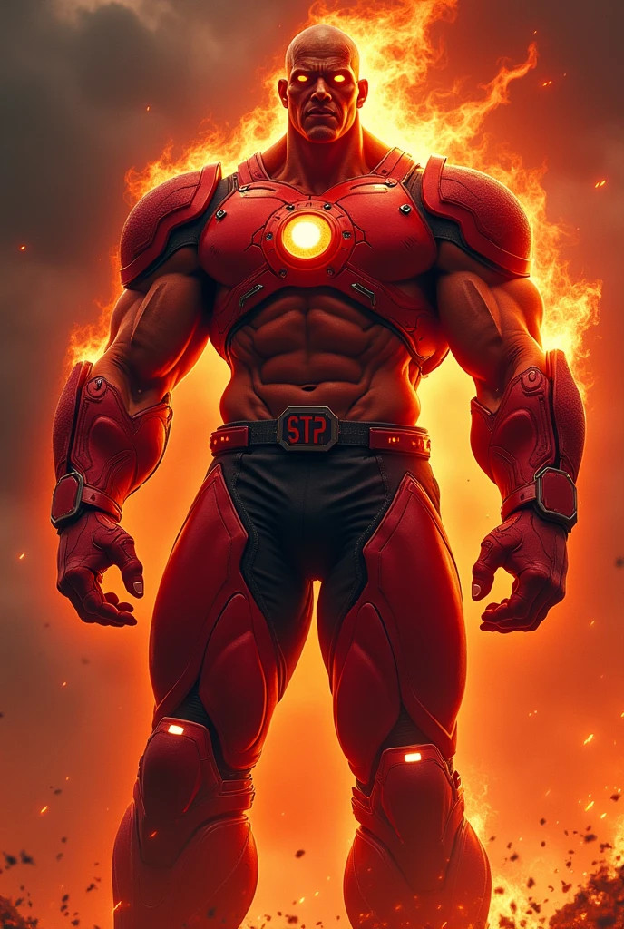 Male, giant, hairless, muscular, red skin, glowing eyes, shark-like teeth, red power armor with black underarms, black pants, black arm parts, collar armor, lantern symbol, red boots, fire aura