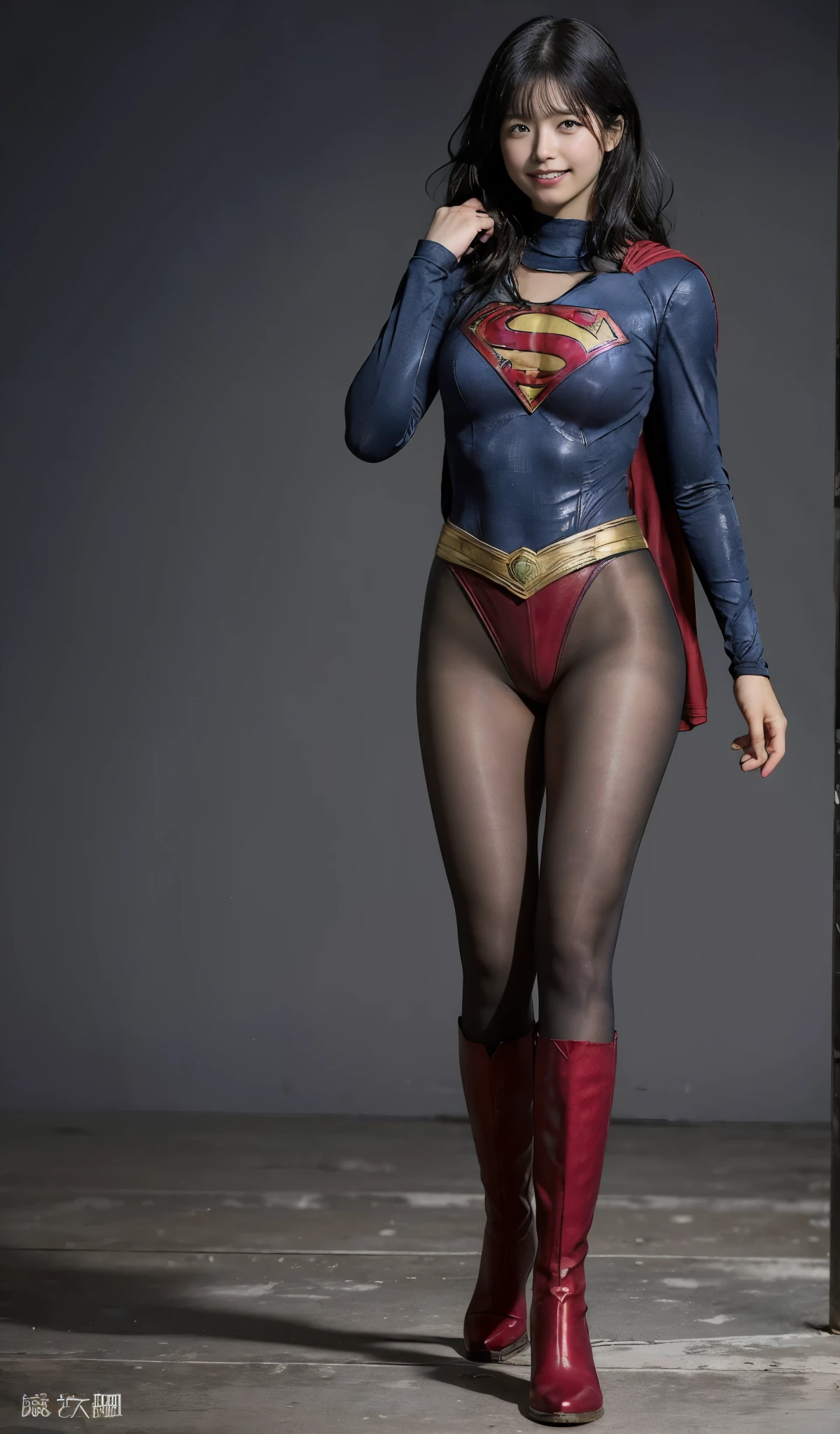 No background、(((Beautiful legs in black tights.)))、(((Legally express the beauty of your smile)))、((((Make the most of your original images)))、(((Supergirl Costume)))、(((Beautiful short bob hair)))、(((suffering)))、(((Please wear black tights....、Wear red boots)))、((Best image quality、8k))、((Highest quality、8k、masterpiece:1.3))、(((Preserve background )))、Sharp focus:1.2、Beautiful woman with perfect figure:1.4、Slim Abs:1.2、Wet body:1.5、Highly detailed face and skin texture、8k