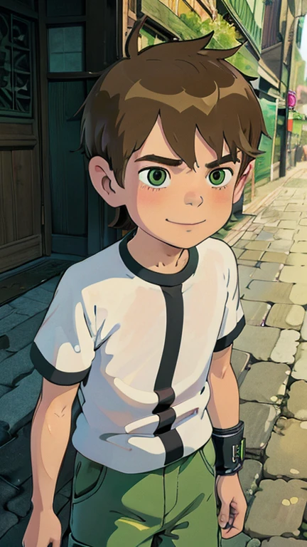 (1boy, solo, highly insanely detailed, masterpiece, top quality, best quality, highres, 4k, 8k, RAW photo),((innocent look)),((Childish)),From the front, symmetrical composition,smile,cute,Innocent,Kind eyes, ghibli style, city street, upper body, ben, white shirt, green cargo pants,