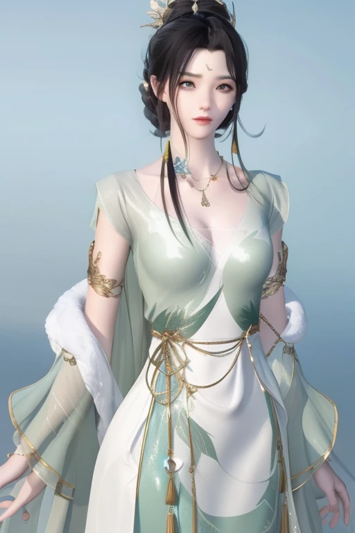 （best qualtiy，tmasterpiece：1.2），Ultra-high resolution，realisticlying，Front lighting，Complicated details，Exquisitedetailsandtextures，（1girll），solo，The upper part of the body，Green Hanfu，bamboo leaves pattern，Nice big eyes，Green dress，Bamboo leaf decoration，beauitful face，facing to audience，Streamers，gossamer，（young），Facial highlights，Detail Make，tear-mole，white skinned，Silvery hair，High ponytail，looking at viewert，largeeyes，（Openwork pattern），耳Nipple Ring，slimfigure，white backgrounid，correct hand，profesional lighting，Photon Mapping，Radio City，physically-based renderingt