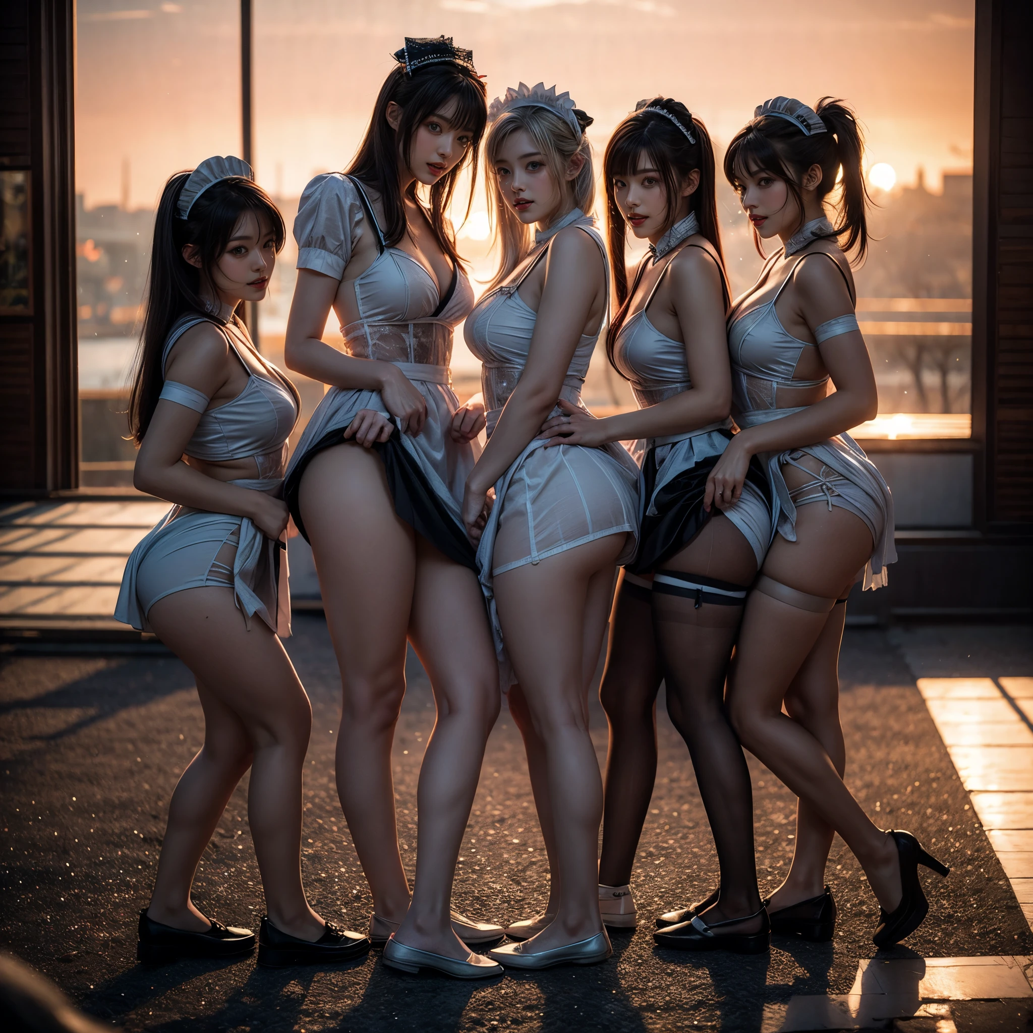 (Full Body of Extremely Detailed((Sexy Maid Group in a row:1.37))), KAWAII perfect face, Reflective Eyes, Detailed(Delicate Clothing textures), Correct Leg Line, Dynamic Joyful Expressions LifeLike Rendering, Specular Reflection, TopQuality 8K Ultra-detailed masterpiece (ProfessionalPhoto:1.37), (Acutance:0.8), (Luminism:1.28), (Renaissance art style), Colorful Light particles, ((Full body from side)), {MicroMini Skirt|Kissing|Breast Lifting|Undressing|Thigh Gap|AssFocus}, Radiant Fine Skin with Transparency, (Exposed:0.4), (Different types of Anime hair color){Pink Hair|Blue Hair|Platinum Blonde|Pure White Hair|Liquid Hair}, Perfect Lighting