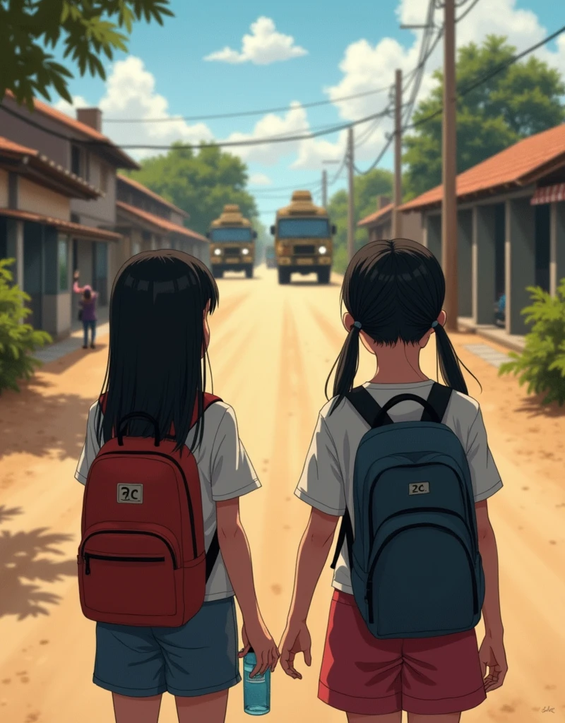 PICTURE REALISTIC , High definition, Two girls , with backpack, one holds a bottle, white with black hair, straight with their back to the camera, One is 20 years old, the other 15 in a village, watching the arrival of military personnel in trucks and jeeps. The scene conveys an atmosphere of tension and expectation..