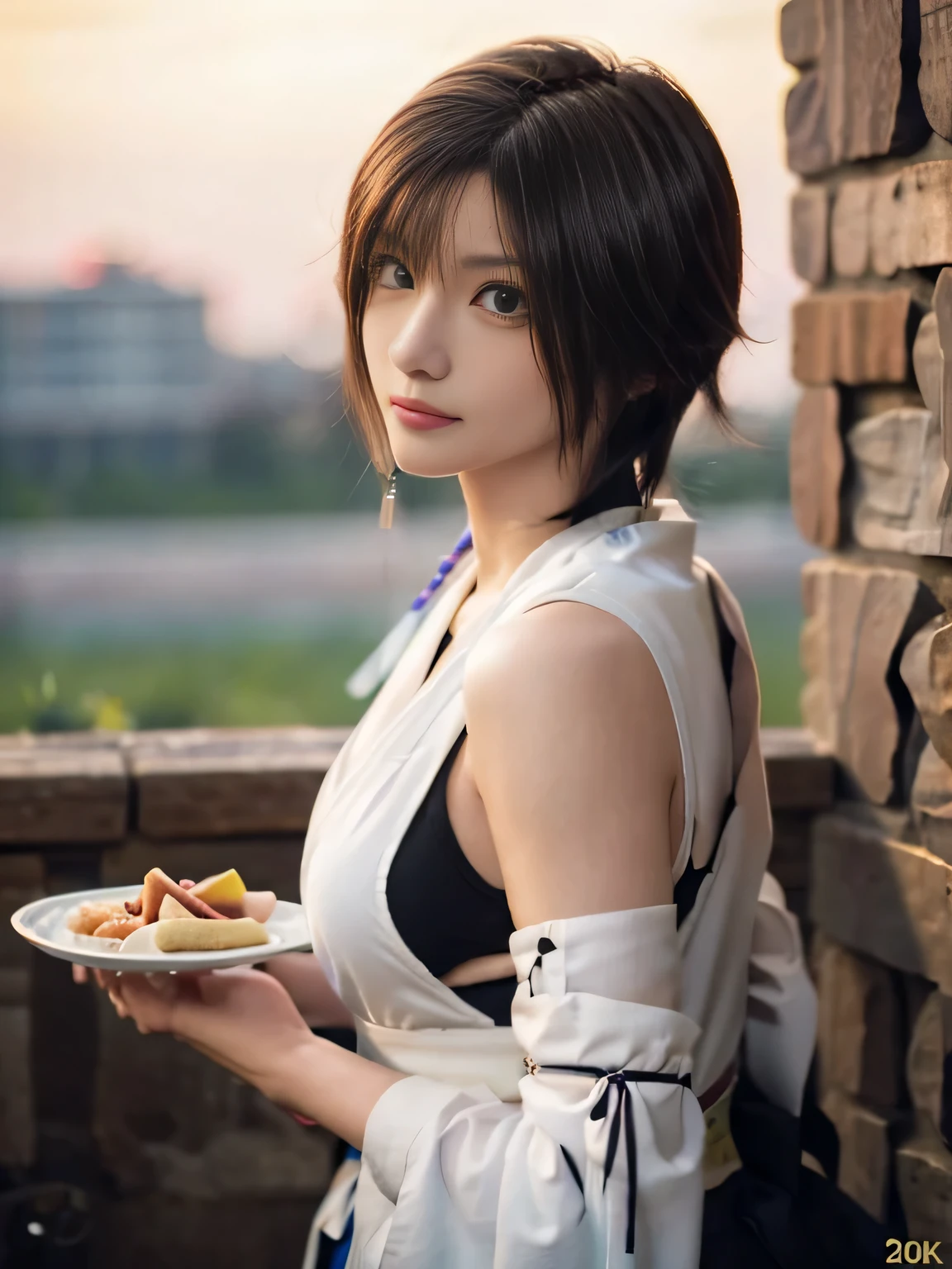 20 year old Japanese beauty,One person、Muscular body like a bodybuilder、Emphasize the breasts、Slit eyes、A head-to-toe view,Bust is very very large、The background is a medieval European kitchen、High quality photos、Clear, crisp images of the lower body、Masterpiece 8k、Ecstatic face、Eating a hot dog over a kamado grill.、From the front, from the side, from the back, etc.々from what camera angle to shoot、FF10 Yuna's outfit