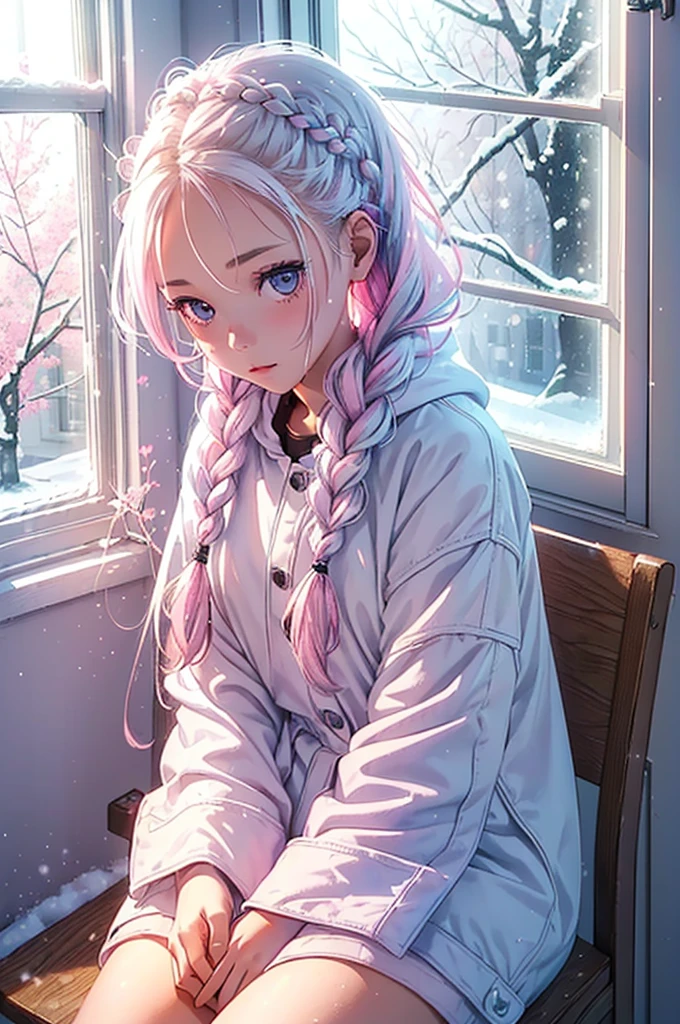 ((1 girl)), ((Sitting by the window)), ((Hair two white braids)), ((White cold weather clothing)), ((Sitting by the window)), ((watching a pink tree in the snow)), lightstylez, flowers, dappled sunlight, (realistic ultra details)